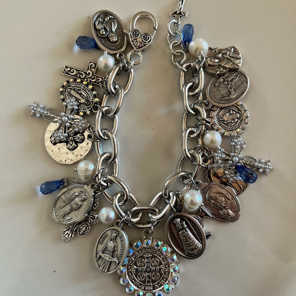 SOLD Charm Bracelet: St Benedict, Lenten Saints, Crosses, Freshwater Pearls - Picture 4 of 12
